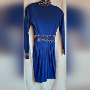 Vintage cobalt blue knit dress with gold beads - size M
